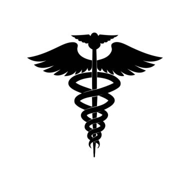 Caduceus sembolünün siyah beyaz çizimi, tıbbın amblemi.