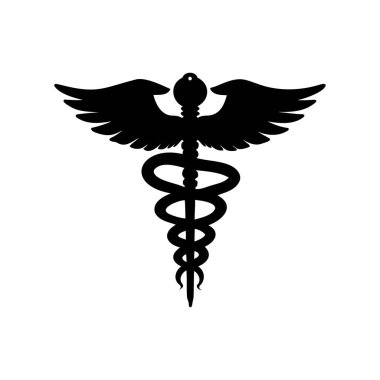 Kanatlı değnekleri ve yılanları olan siyah beyaz kaduceus tıbbi sembolü.