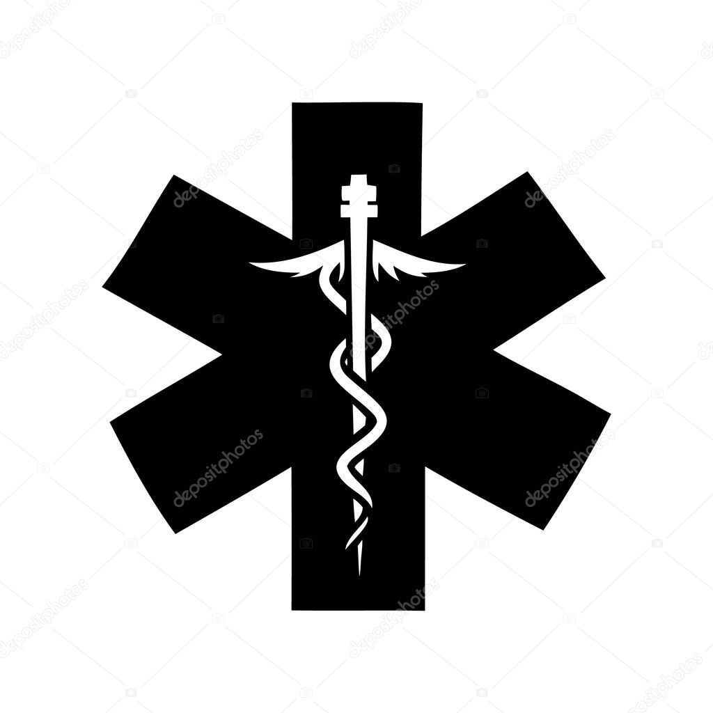 Black and white image depicts the Star of Life symbol on white background