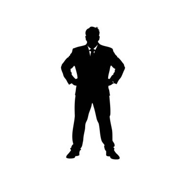 Kendine güvenen bir iş adamının silueti elleri kalçalarında beyazlara karşı duruyor.