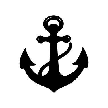 Siyah siluetle beyaz bir arkaplana bağlı siyah ipli deniz çapası