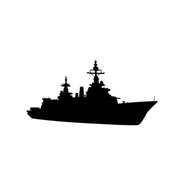 Denizde beyaz bir arka planda modern bir savaş gemisinin silüeti