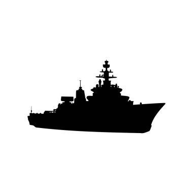 Modern bir savaş gemisinin silueti, beyaz bir arka plana karşı.