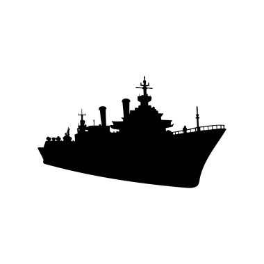 Bir donanma savaş gemisinin silueti Sancak tarafında beyaz bir arka plana karşı