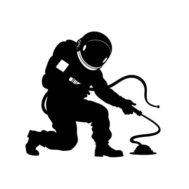 Beyaz arkaplan ve minimalist tarzda uzayda süzülen bir astronotun silueti