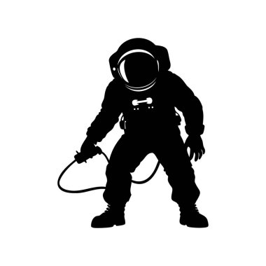 Beyaz arkaplan ve minimalist tarzda uzayda süzülen bir astronotun silueti