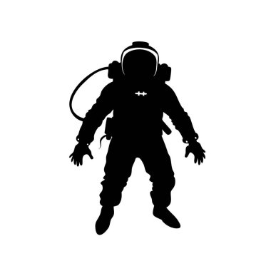 Beyaz arkaplan ve minimalist tarzda uzayda süzülen bir astronotun silueti