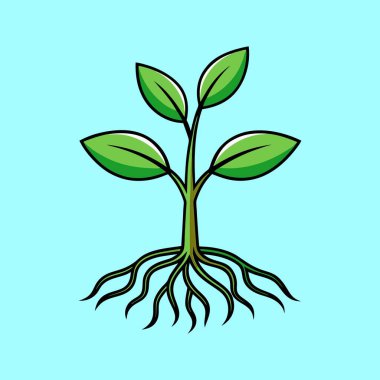 Mavi arka planda yaprakları ve kökleri olan büyüyen bir fidyenin tasviri