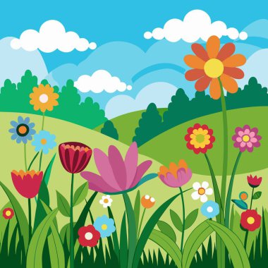 Rolling Hills ve Fluffy White Clouds 'lu canlı çizgi film çiçek bahçesi