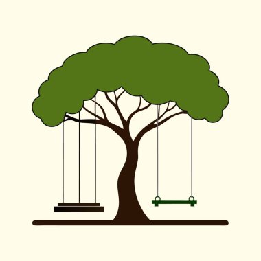 Yeşil yapraklı ve kahverengi salıncaklı stilize ağaç, eğlenceli bir sahne yaratıyor.