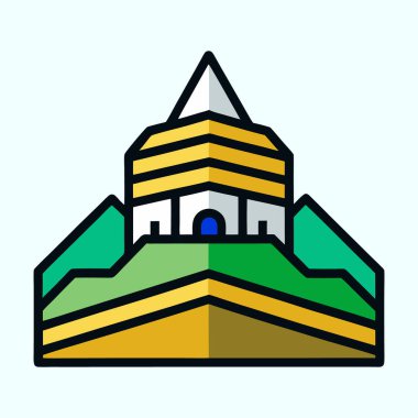 Benzersiz bir mimari tasarımı olan bir dağ tepesi binasının stilize edilmiş çizimi