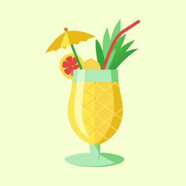 Tropikal yaz atmosferi ve dekoratif elementlere sahip canlı bir ananas kokteyli çizimi.