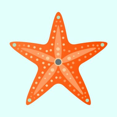 Açık mavi üzerinde çeşitli turuncu ve krema lekeleri olan izole edilmiş turuncu deniz yıldızı.