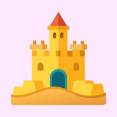 Mavi kapılı, parlak sarı kumdan bir kalenin minimalist çizimi