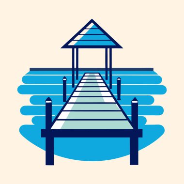 Suyun üzerine uzanan bir çardağı olan bir rıhtımın stilize edilmiş çizimi