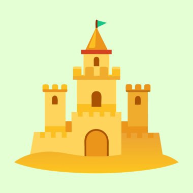 Taretler, bayraklar ve kemerli giriş tasarımı ile biçimlendirilmiş kumdan kale çizimi