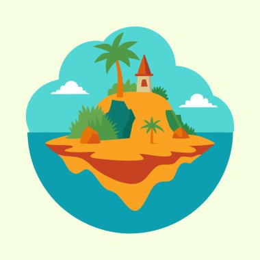 Palmiye ağaçları ve küçük evlerle Yüzen Ada Çizgi Filmi