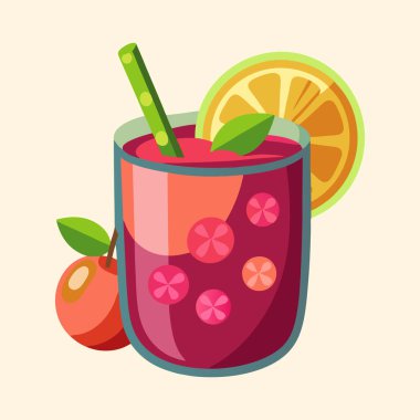 Kirazlı, portakallı ve saman karikatürlü lezzetli meyve suyu.