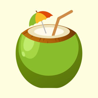 Pipet ve şemsiye desenli taze hindistan cevizi suyu.