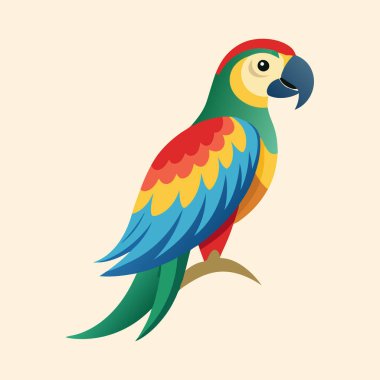 Renkli bir papağanın canlı bir temsili. Dalına tünemiş.