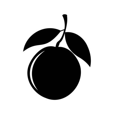 Beyaz arkaplanda yaprakları ve sapı olan siyah bir erik silueti