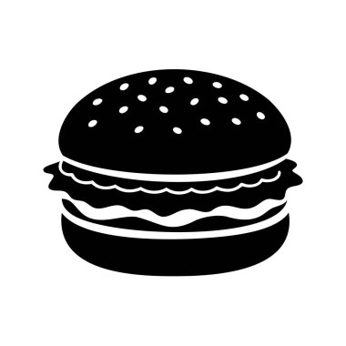 Klasik susamlı hamburgerin tek renkli çizimi, bir fast food ikonu.