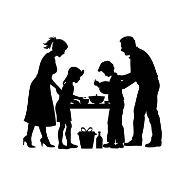 Dört kişilik bir ailenin silueti yemek pişiriyor ve birlikte kaliteli zaman geçiriyorlar.