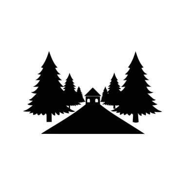 Orman arazisindeki küçük bir evin siyah beyaz grafiği