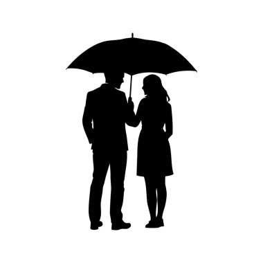 Siyah beyaz bir şemsiye altında birlikte duran zarif bir çiftin silueti.