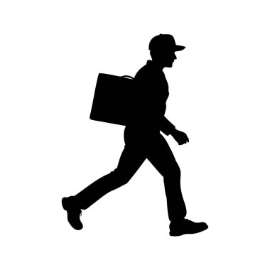 Teslimatçının silueti yürürken sırtında bir kutu taşıyor.