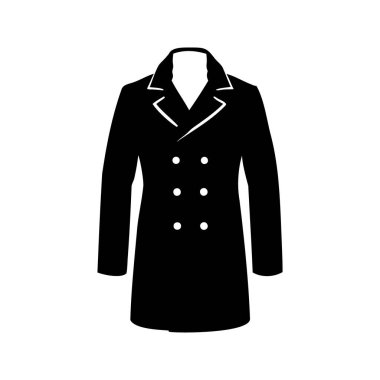 Kontrastlı ve birden fazla düğmesi olan zarif, siyah, çift göğüslü palto.