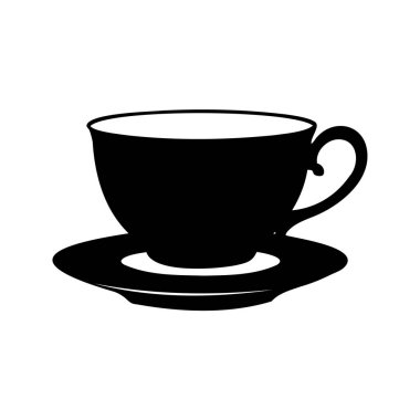 Bir çay fincanı ve çay tabağının zarif siyah ve beyaz silueti sergilenmekte