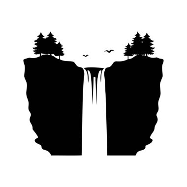 Ağaçlı iki uçurum arasında akan bir şelalenin silueti..