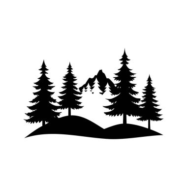 Çam ağaçlı bir dağ manzarasının basit siyah silüeti.