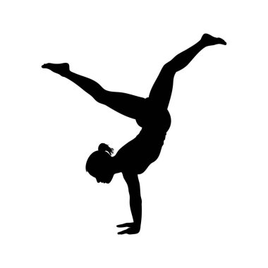 Siluet bir kadın amuda kalkıyor, bacaklarını ayırıyor.