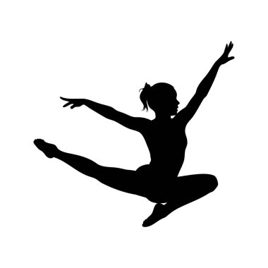 Bir kadın jimnastikçinin silueti zıplayan akrobatik bir hareket yapıyor, zarif bir poz.