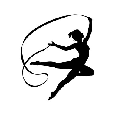 Ritmik bir jimnastikçinin silüeti, kurdelesiyle sanatsal bir poz veriyor.