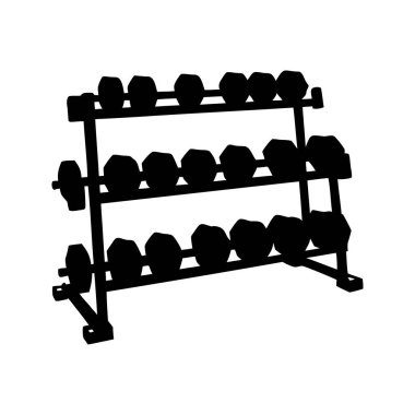 Halter rafının silueti. Farklı ağırlıkta halterler kullanmaya hazır.