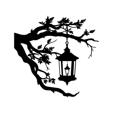 Ağaç dalında yapraklarla asılı siyah lamba silueti.