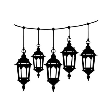 Eğri bir çizgide asılı dekoratif fenerlerden oluşan zarif siyah siluet.