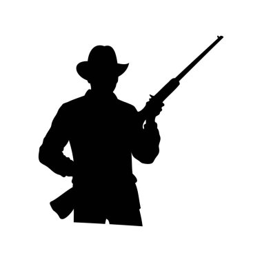 Bir kovboyun silueti tüfekli, harekete hazır ya da avlanmaya hazır.