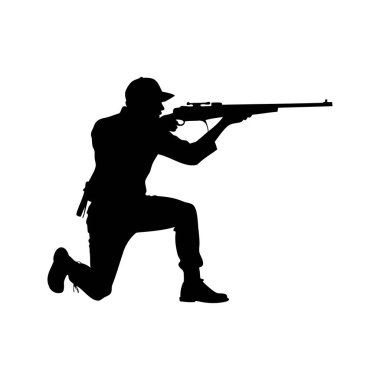 Bir adamın silueti diz çöküp tüfeği dikkatlice doğrultuyor.
