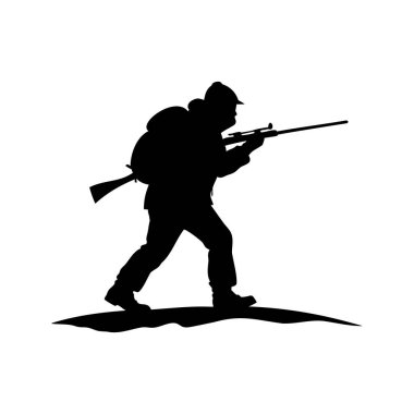 Avcı silueti beyaz arka planda siyah çantalı tüfeği hedefliyor.