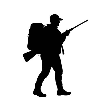 Sırt çantası ve tüfeğiyle ava hazır bir avcının silueti.