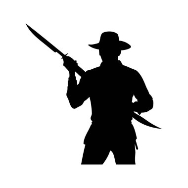 Şapkalı, tüfekli ya da mızraklı bir adamın silueti.