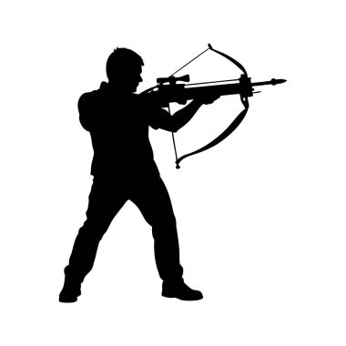 Atış talimi için yaylı tüfeği hedefleyen bir adamın silueti.