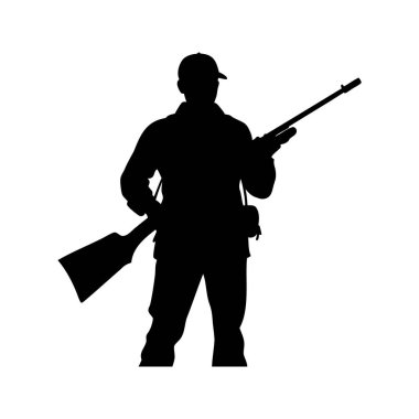 Beyaz Arkaplanda Tüfek ve Kaptan Duran Bir Avcının Silueti