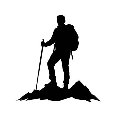 Bir dağ zirvesinde yürüyüş direğiyle duran bir yürüyüşçünün silueti..