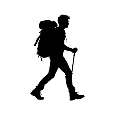 Sırt çantalı ve bastonlarıyla beyaz zemin üzerinde yürüyen bir yürüyüşçünün silueti.