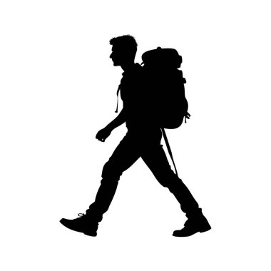 Sırt çantalı bir erkek yürüyüşçünün silueti ileri doğru yürüyor, beyaz üzerinde tek başına.